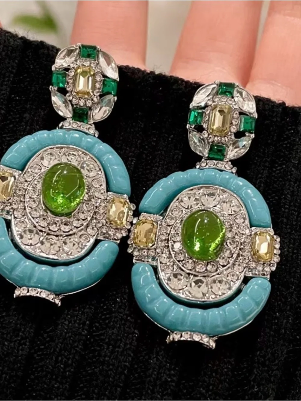 Green and Turquoise Crystal Drop Earrings - Designer-Inspired Statement